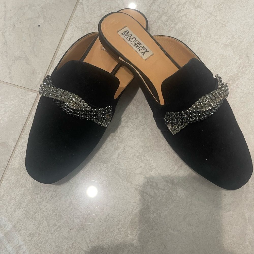 Bradley Mischka Black Crystal Embellished Mules